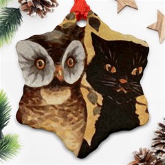 Owl And Black Cat Snowflake Ornament (two Sides) by Nexatart