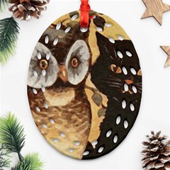 Owl And Black Cat Oval Filigree Ornament (two Sides)