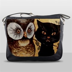 Owl And Black Cat Messenger Bags by Nexatart