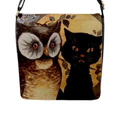 Owl And Black Cat Flap Messenger Bag (l)  by Nexatart