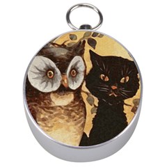 Owl And Black Cat Silver Compasses by Nexatart