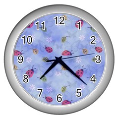 Ladybug Blue Nature Wall Clocks (silver)  by Nexatart