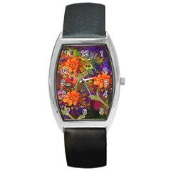 Abstract Flowers Floral Decorative Barrel Style Metal Watch by Nexatart