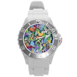 Animated Safari Animals Background Round Plastic Sport Watch (L) Front