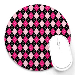 Argyle Pattern Pink Black Round Mousepads by Nexatart