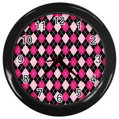 Argyle Pattern Pink Black Wall Clocks (black) by Nexatart