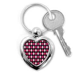 Argyle Pattern Pink Black Key Chains (heart)  by Nexatart