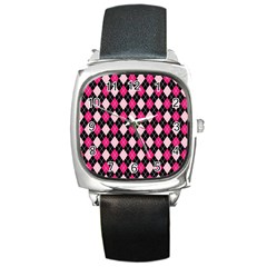 Argyle Pattern Pink Black Square Metal Watch by Nexatart