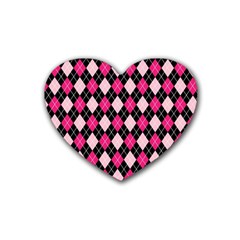 Argyle Pattern Pink Black Rubber Coaster (heart)  by Nexatart