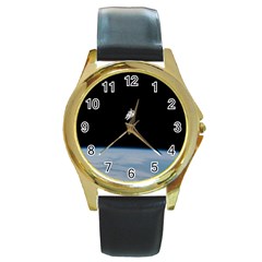 Astronaut Floating Above The Blue Planet Round Gold Metal Watch by Nexatart