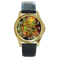 Backdrop Background Tree Abstract Round Gold Metal Watch