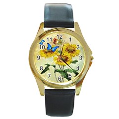 Backdrop Colorful Butterfly Round Gold Metal Watch by Nexatart