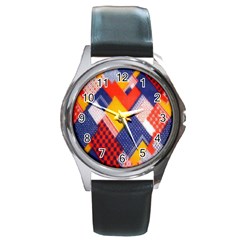 Background Fabric Multicolored Patterns Round Metal Watch by Nexatart