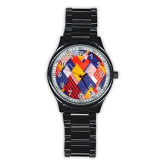 Background Fabric Multicolored Patterns Stainless Steel Round Watch by Nexatart