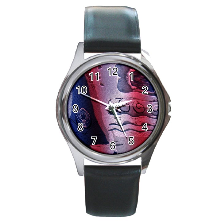 Background Fabric Patterned Blue White And Red Round Metal Watch