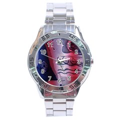 Background Fabric Patterned Blue White And Red Stainless Steel Analogue Watch by Nexatart