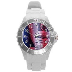 Background Fabric Patterned Blue White And Red Round Plastic Sport Watch (l) by Nexatart