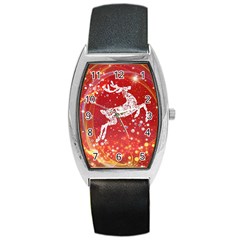 Background Reindeer Christmas Barrel Style Metal Watch by Nexatart