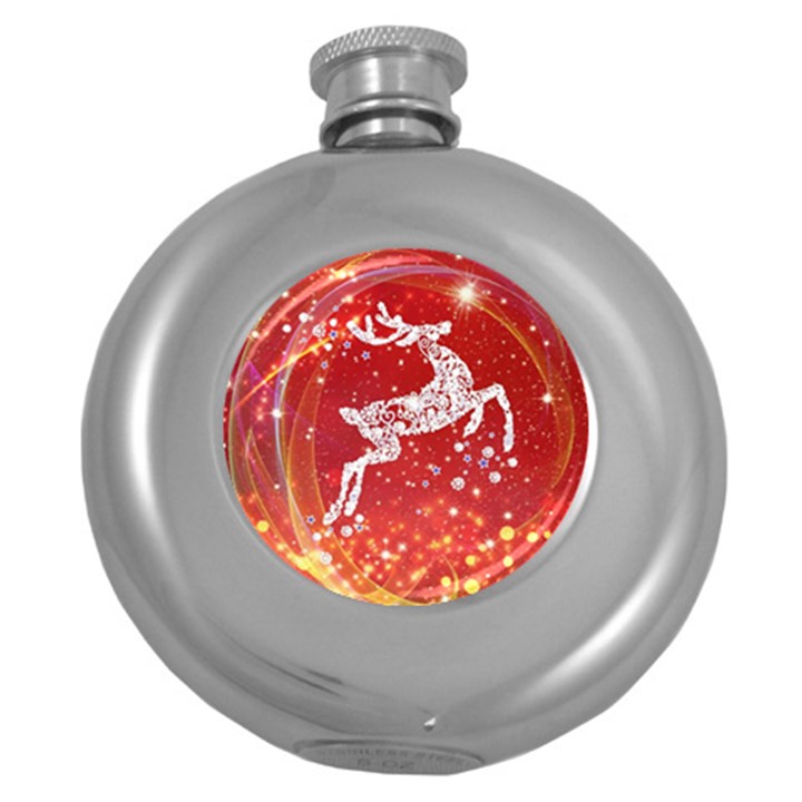 Background Reindeer Christmas Round Hip Flask (5 oz)