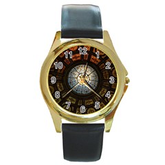 Black And Borwn Stained Glass Dome Roof Round Gold Metal Watch