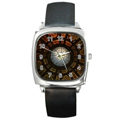 Black And Borwn Stained Glass Dome Roof Square Metal Watch