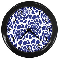 Blue And White Flower Background Wall Clocks (black) by Nexatart