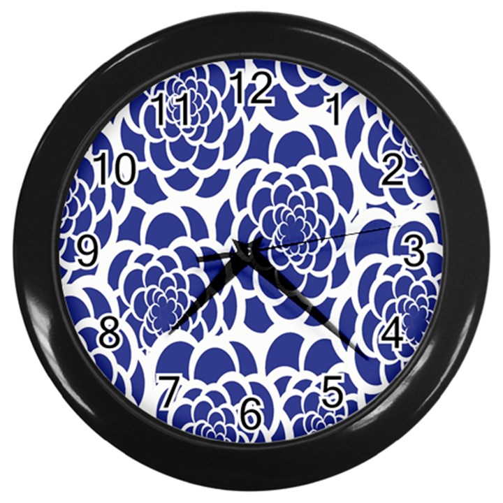 Blue And White Flower Background Wall Clocks (Black)