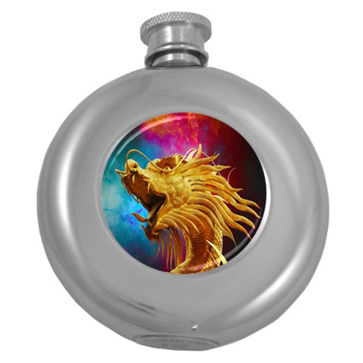 Broncefigur Golden Dragon Round Hip Flask (5 oz)