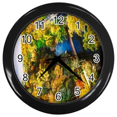 Bridge River Forest Trees Autumn Wall Clocks (black) by Nexatart