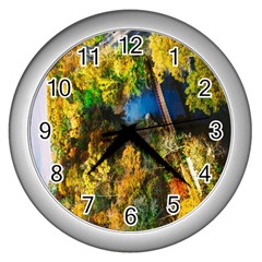 Bridge River Forest Trees Autumn Wall Clocks (silver)  by Nexatart