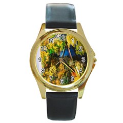 Bridge River Forest Trees Autumn Round Gold Metal Watch by Nexatart