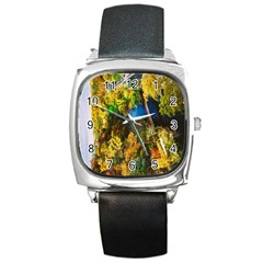 Bridge River Forest Trees Autumn Square Metal Watch by Nexatart