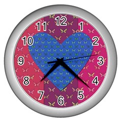 Butterfly Heart Pattern Wall Clocks (silver)  by Nexatart