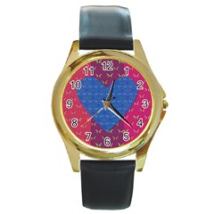 Butterfly Heart Pattern Round Gold Metal Watch by Nexatart