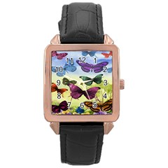 Butterfly Painting Art Graphic Rose Gold Leather Watch  by Nexatart