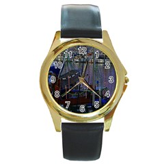 Christmas Boats In Harbor Round Gold Metal Watch by Nexatart