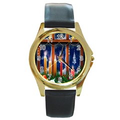 Christmas Lighting Candles Round Gold Metal Watch by Nexatart