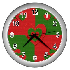 Christmas Fabric Hearts Love Red Wall Clocks (silver)  by Nexatart