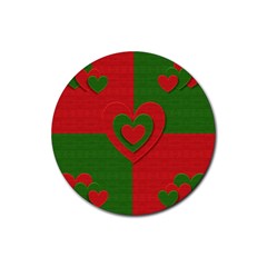 Christmas Fabric Hearts Love Red Rubber Coaster (round)  by Nexatart