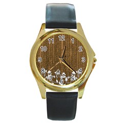 Christmas Snowmen Rustic Snow Round Gold Metal Watch by Nexatart