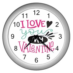 I Love You My Valentine (white) Our Two Hearts Pattern (white) Wall Clocks (silver)  by FashionFling