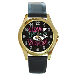  I Love You My Valentine / Our Two Hearts Pattern (black) Round Gold Metal Watch by FashionFling