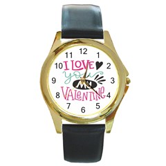 I Love You My Valentine / Our Two Hearts Pattern (white) Round Gold Metal Watch