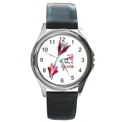 My Heart Points To Yours / Pink And Blue Cupid s Arrows (white) Round Metal Watch by FashionFling