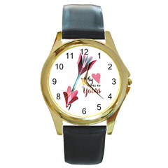 My Heart Points To Yours / Pink And Blue Cupid s Arrows (white) Round Gold Metal Watch by FashionFling