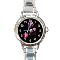 My Heart Points To Yours / Pink And Blue Cupid s Arrows (black) Round Italian Charm Watch by FashionFling