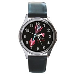 My Heart Points To Yours / Pink And Blue Cupid s Arrows (black) Round Metal Watch by FashionFling