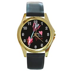 My Heart Points To Yours / Pink And Blue Cupid s Arrows (black) Round Gold Metal Watch by FashionFling