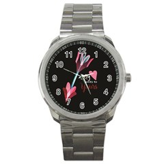 My Heart Points To Yours / Pink And Blue Cupid s Arrows (black) Sport Metal Watch by FashionFling