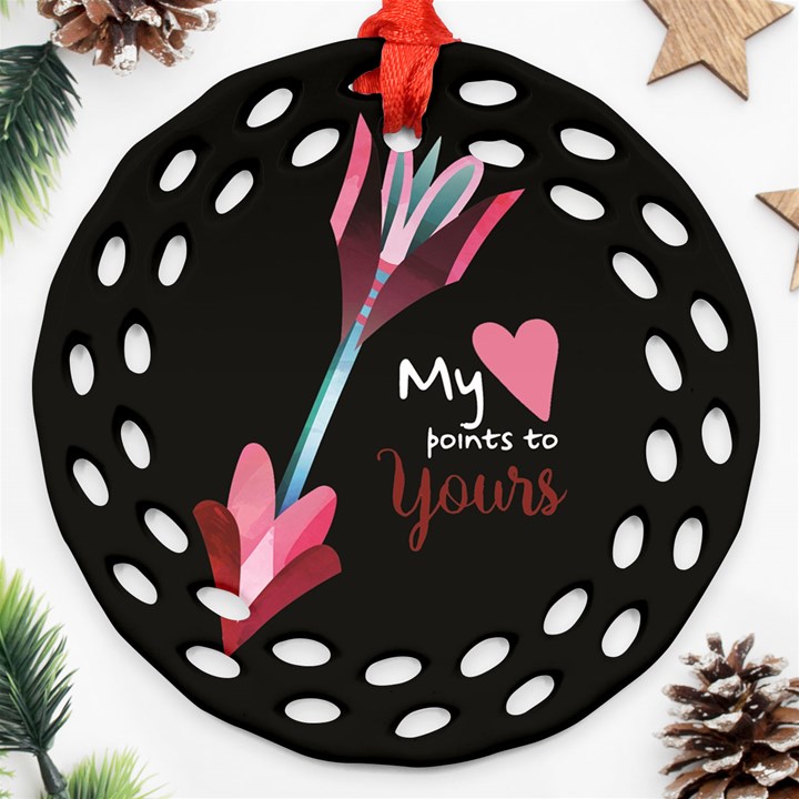 My Heart Points To Yours / Pink and Blue Cupid s Arrows (black) Ornament (Round Filigree)